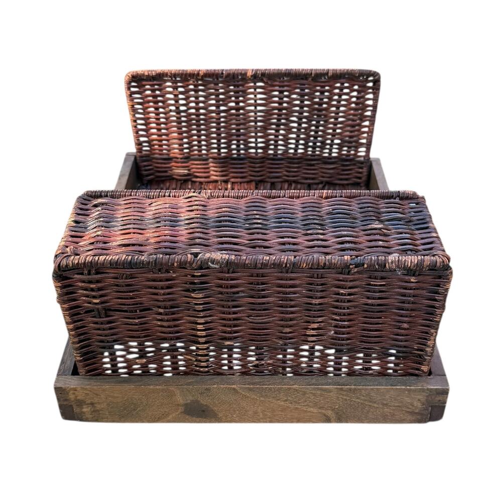 Vintage Rattan and Wood Utensil & Plate Caddy - Picture 13 of 16
